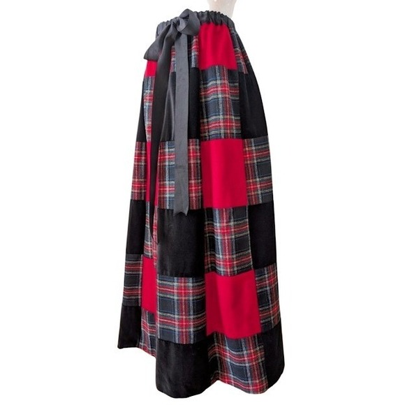 Vintage Talbots Red and Black Patchwork Plaid Wool Velvet Maxi Skirt Size Small - Picture 2 of 8